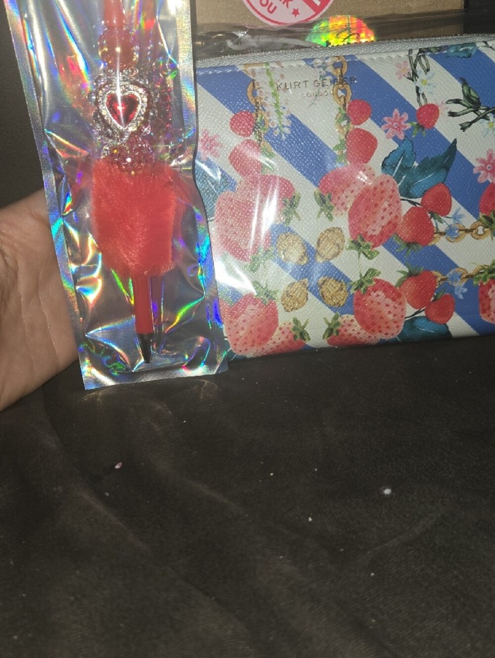 Kurt Geiger Strawberry Print Cosmetic Pouch with Red Feather Charm - Picture 10 of 10